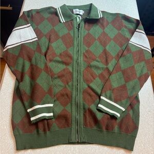 Men's OxKnit Green and Brown Argyle Full zip Sweater L